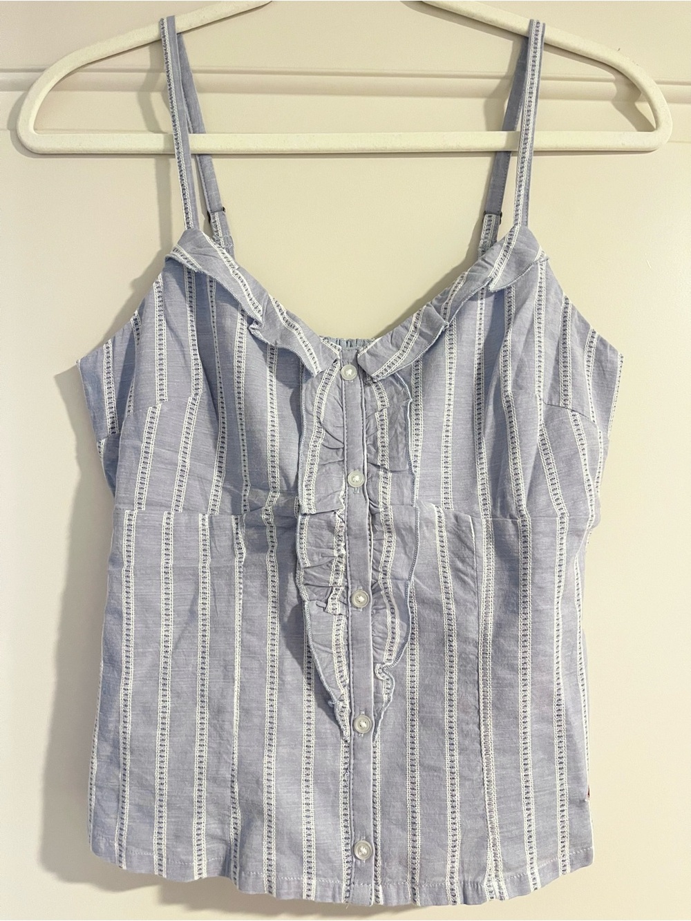 Hollister Textured Ruffle Icon Top Light Blue Stripe Size Small